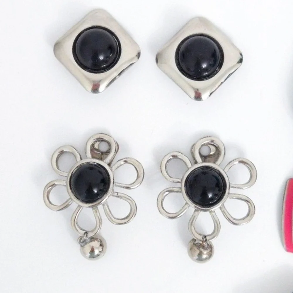 Vintage Clip Earring Lot (Set of 5)- Black, Silver, Blue,‎ Green, Pink